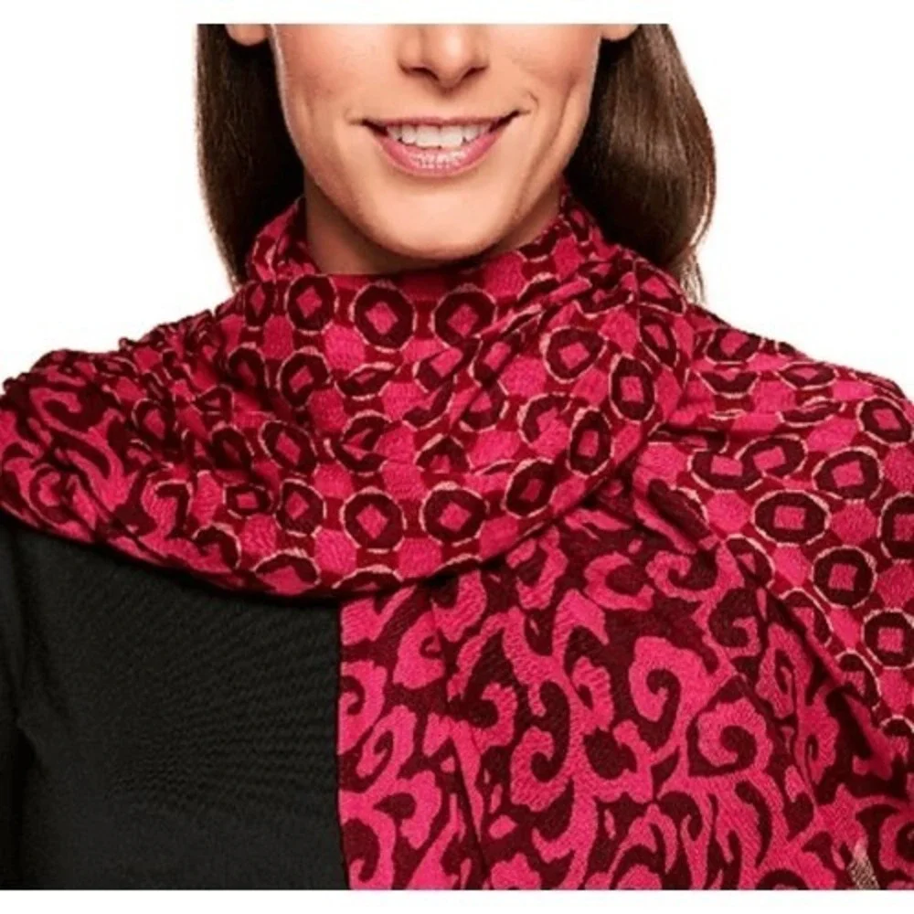 Isaac Mizrahi Live Womens Mixed Print Scarf Fuchsia Burgundy Fringe‎ A235348/71